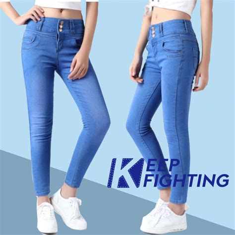 Kf High Waist 3button Blue Woman Pants Skinny Stretchable Denim Babae Maong Cod Woman Jeans