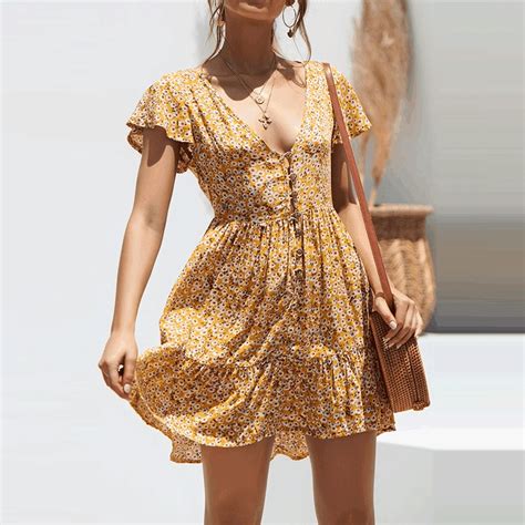 Summer Floral Printed V Collar Button Embellished Vacation Dress