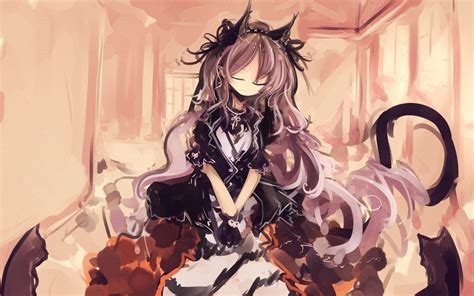 Wallpaper Illustration Closed Eyes Nekomimi Anime Girls Dress Original Characters