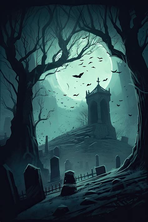 Creepy Halloween Graveyard Digital Art for Post Cards, Greeting Cards ...