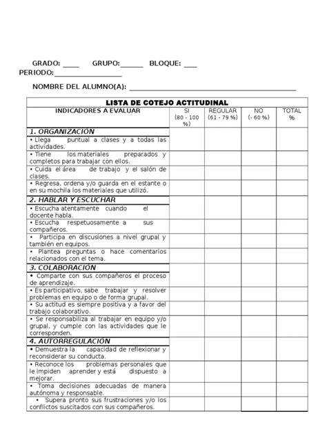 Lista De Cotejo De Contenido Actitudinal