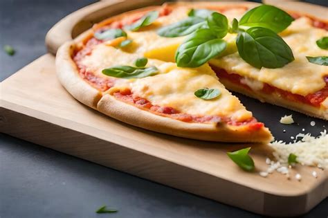 Premium Ai Image Pizza With Basil On A Wooden Board