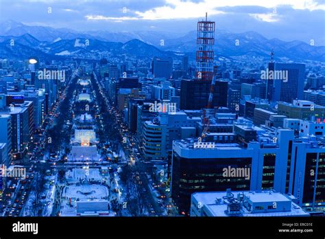 The view looking down Odori Park during the winter Snow Festival from ...