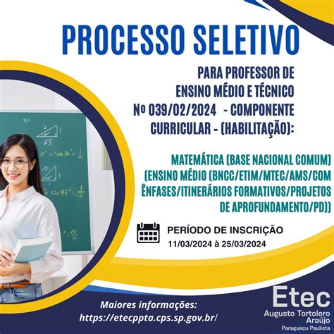 Processo Seletivo Para Docente Na Rea De Matem Tica Etec Augusto