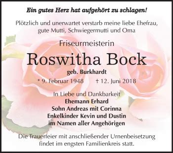 Traueranzeigen Von Roswitha Bock Abschied Nehmen De