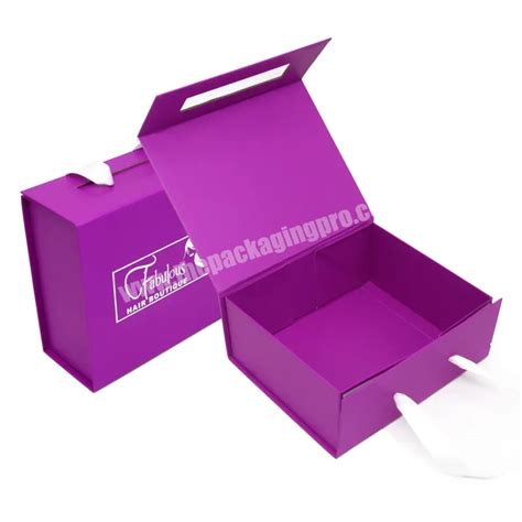 Custom Luxury Hardbox Cardboard Magnetic Lid Purple Paper T Box With Handle Foldable Rigid