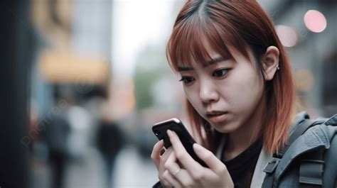 거리에서 그녀의 전화를 보고 있는 아시아 여자 곤란한 얼굴로 스마트폰을 사용하는 여성 고화질 사진 사진 배경 일러스트 및