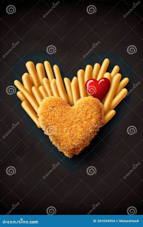 Illustration Heart Shaped Chicken Nuggets With Fries Stock