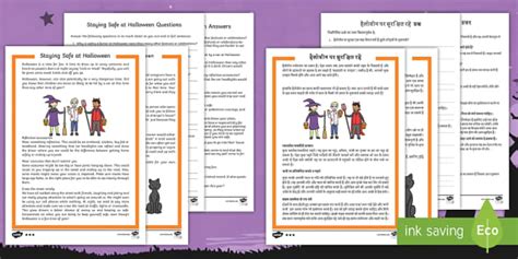 Staying Safe At Halloween Reading Comprehension Activity English Hindi