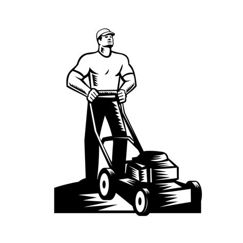 Gardener Or Groundskeeper With Lawn Mower Mowing Woodcut Retro 1917535