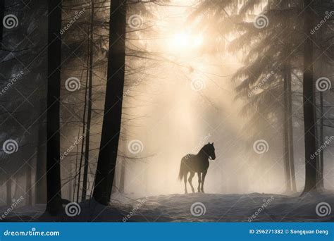 A Horse Stand in Foggy Winter Woods with Snow and Sun Light Ray. Stock ...