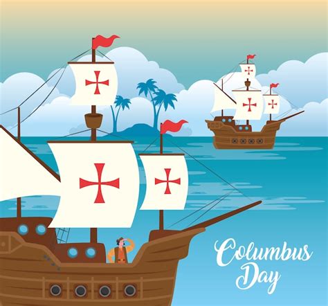 Premium Vector | Christopher columbus cartoon in ship at sea design of ...