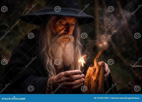 Old Wizard Wearing A Hat Waving His Wand And Casting A Spell Creating