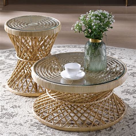 Luxury Oza Rustic Cottage Rattan Coffee Table Round Glass Top Coffee