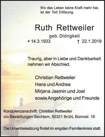 Traueranzeigen Von Ruth Rettweiler Wirtrauern