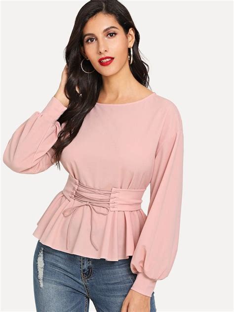 Shein Lantern Sleeve Top With Corset Belt Lantern Sleeve Top Fashion