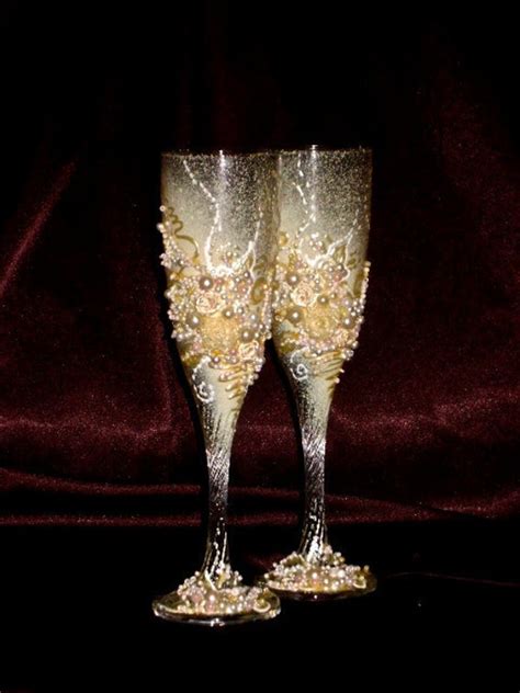 Hand decorated wedding champagne glasses elegant by PureBeautyArt