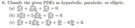 Solved 6 Classify The Given PDEs As Hyperbolic Parabolic Chegg