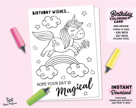 Unicorn Birthday Coloring Card Printable Unicorn Card Etsy Canada