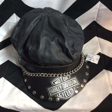 Harley Davidson Hat Leather Studded Wchain Brim Boardwalk Vintage