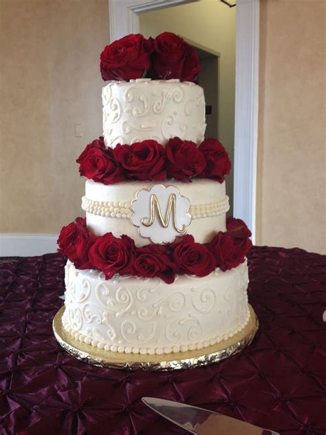 Red Rose And Gold Accent Buttercream Wedding Cake Wedding Cake