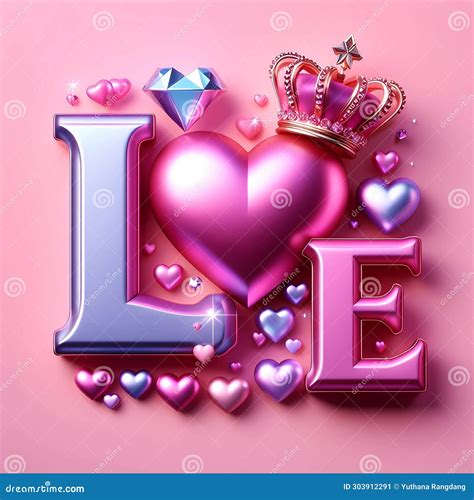 Love Text In Elegant Pink Typography With A Metallic Pink Heart With