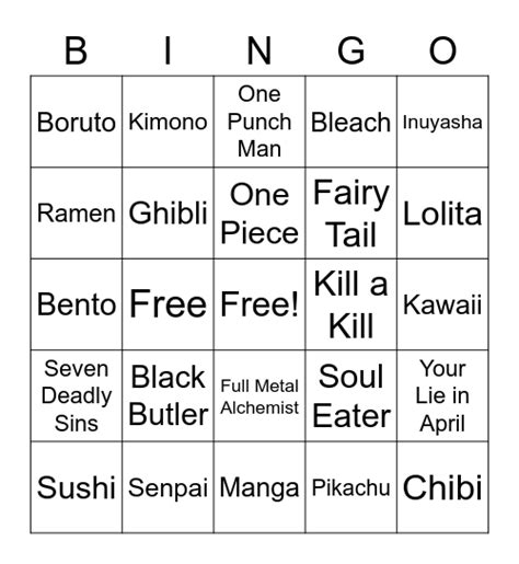 Anime Bingo Bingo Card