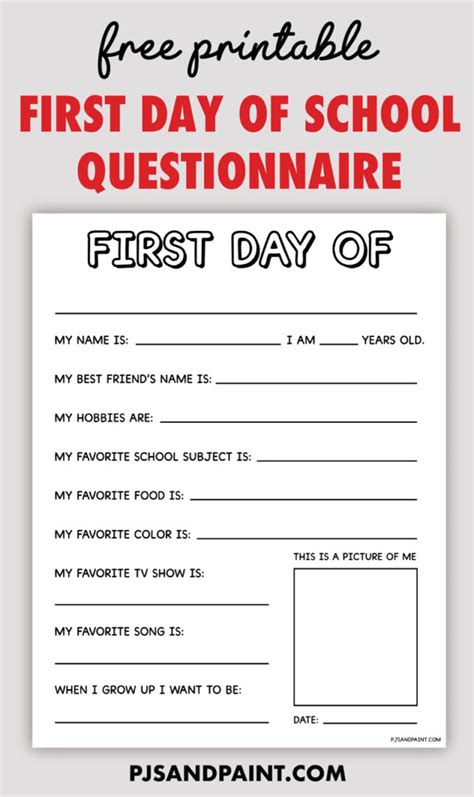 Free Printable First Day Of School Questionnaire Pjs And Paint