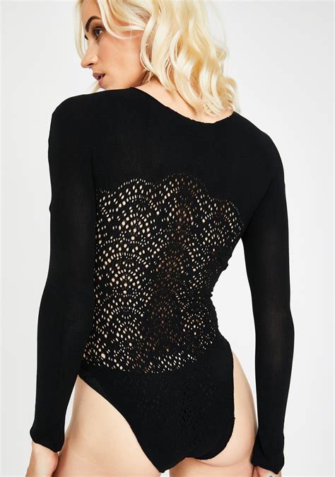 Sheer Lace Long Sleeve Bodysuit Black Dolls Kill