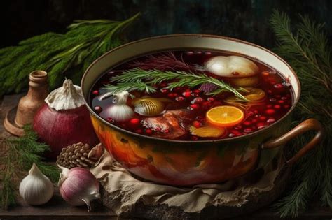 Un Plato De Sopa Con Una Flor Roja Y Una Cebolla Roja En El Fondo