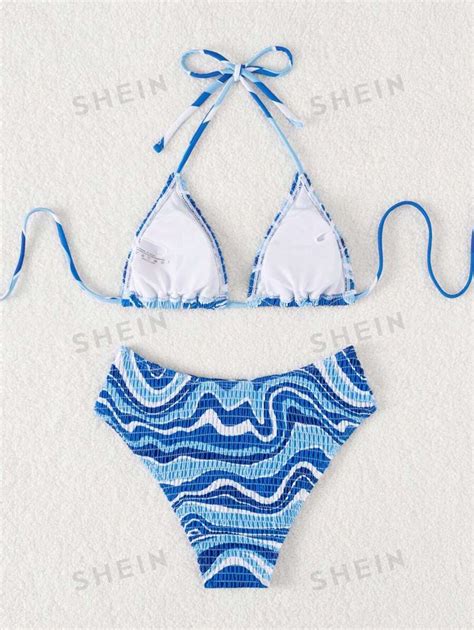 Shein Swim Summer Beach Wave Print Halter Triangle Bikini Set Shein Usa