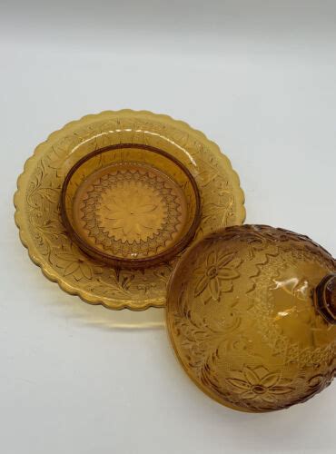 Vintage Tiara Indiana Sandwich Glass Amber Round Covered Butter Dish Dome Lid 4677653263