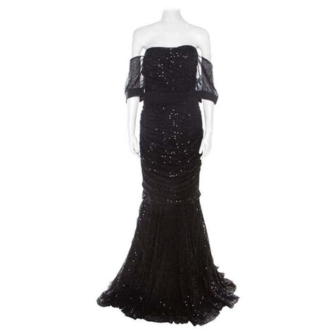 Dolce And Gabbana Black Embellished Tulle Ruched Off Shoulder Gown L At