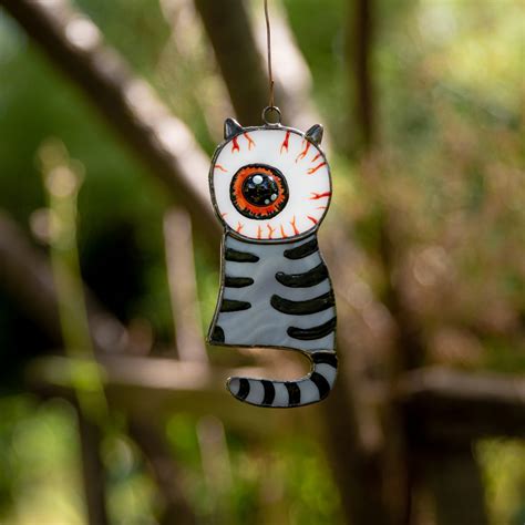 Unique stained glass Halloween eye-headed cat suncatcher