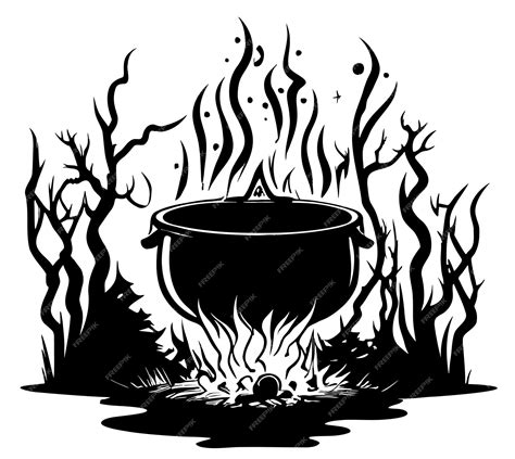 Premium Vector Witch Cauldron On Fire In The Forest Hand Drawn Sketch