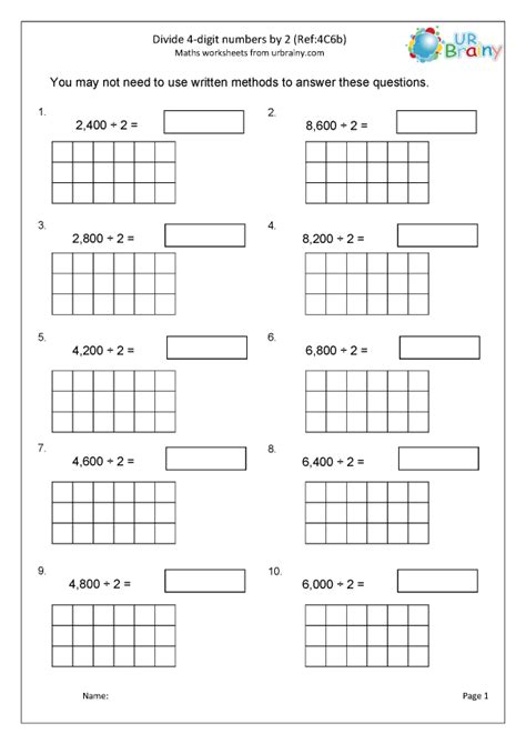 Divide 4 Digit Numbers By 2 4c6b Arithmetic Paper Practice Maths