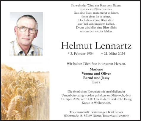 Traueranzeigen Von Helmut Lennartz Wirtrauern