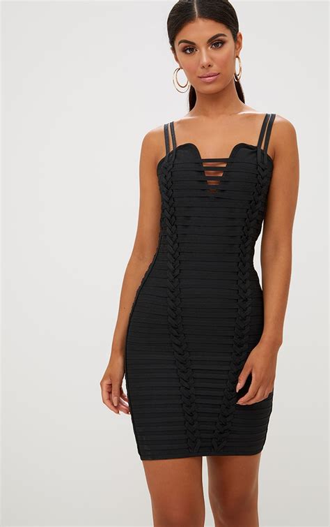 Black Strappy Detail Bandage Bodycon Dress Dresses Prettylittlething