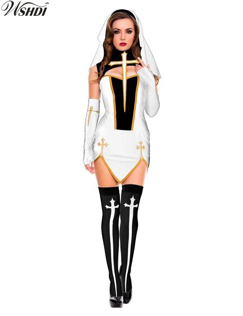 New Sexy Nun Costume Adult Women Cosplay With Stockings White Hoodie