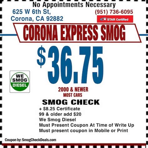 $36.75 Smog Check with Smog Coupons in CORONA, CA