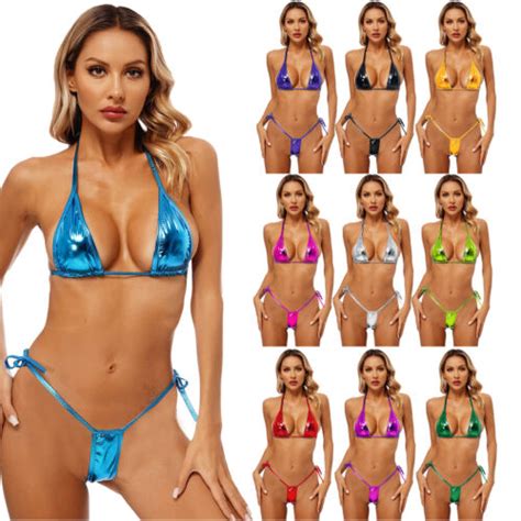 US Women Metallic Shiny Bikini Set Bra With Thongs Bathing Suit 2 Piece