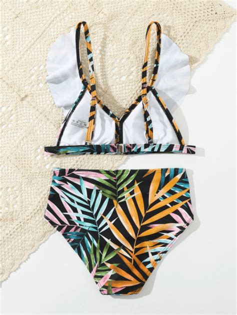 kids Bañador bikini al azar con estampado tropical ribete con fruncido