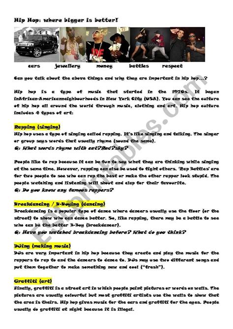 Hip Hop Esl Worksheet By Jdyzielts