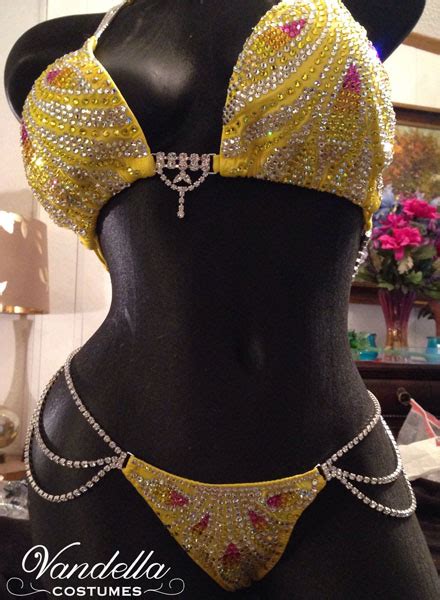 Yellow Bikini Competition Suit Rhinestone Connectors