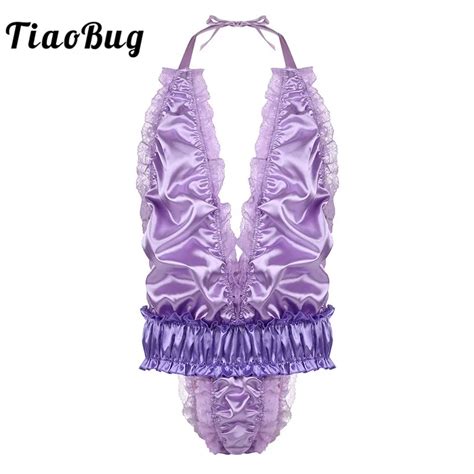 Tiaobug Men One Piece Halter Crossdressing Sissy Lingerie Frilly Ruffle