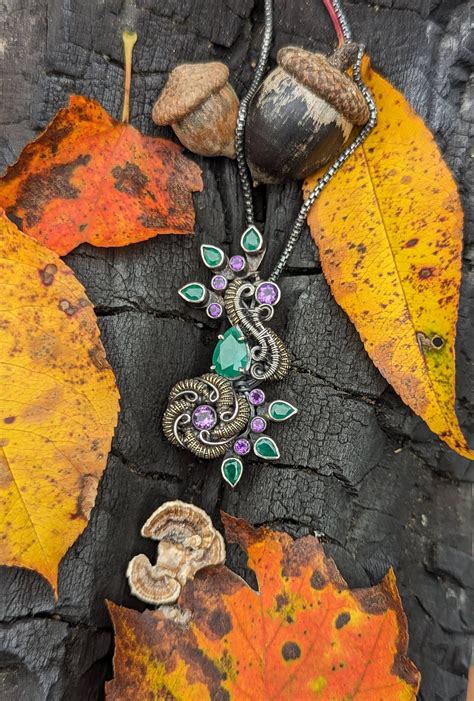 Jewelry Wire Wrap Pendant With Emerald Amethyst Sterling Silver