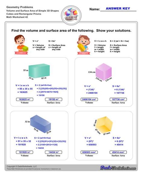 Math Worksheets Volume And Surface Area Volume And Surface Area Of