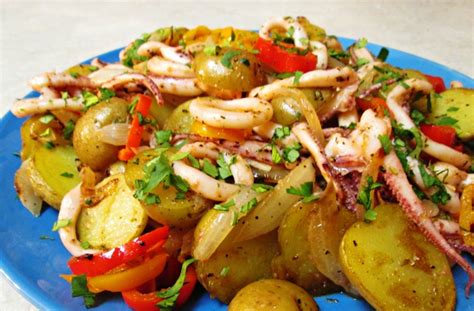 sauteed calamari squid with onions potatoes and peppers - Fill My ...