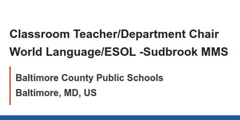 Classroom Teacher/Department Chair World Language/ESOL -Sudbrook MMS ...