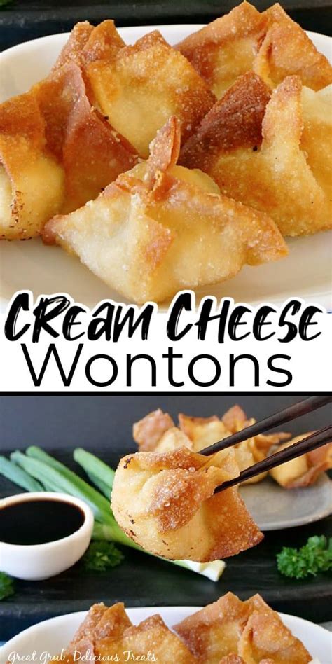 An Image Of Cream Cheese Wontons On A Plate With Chopsticks And Dipping